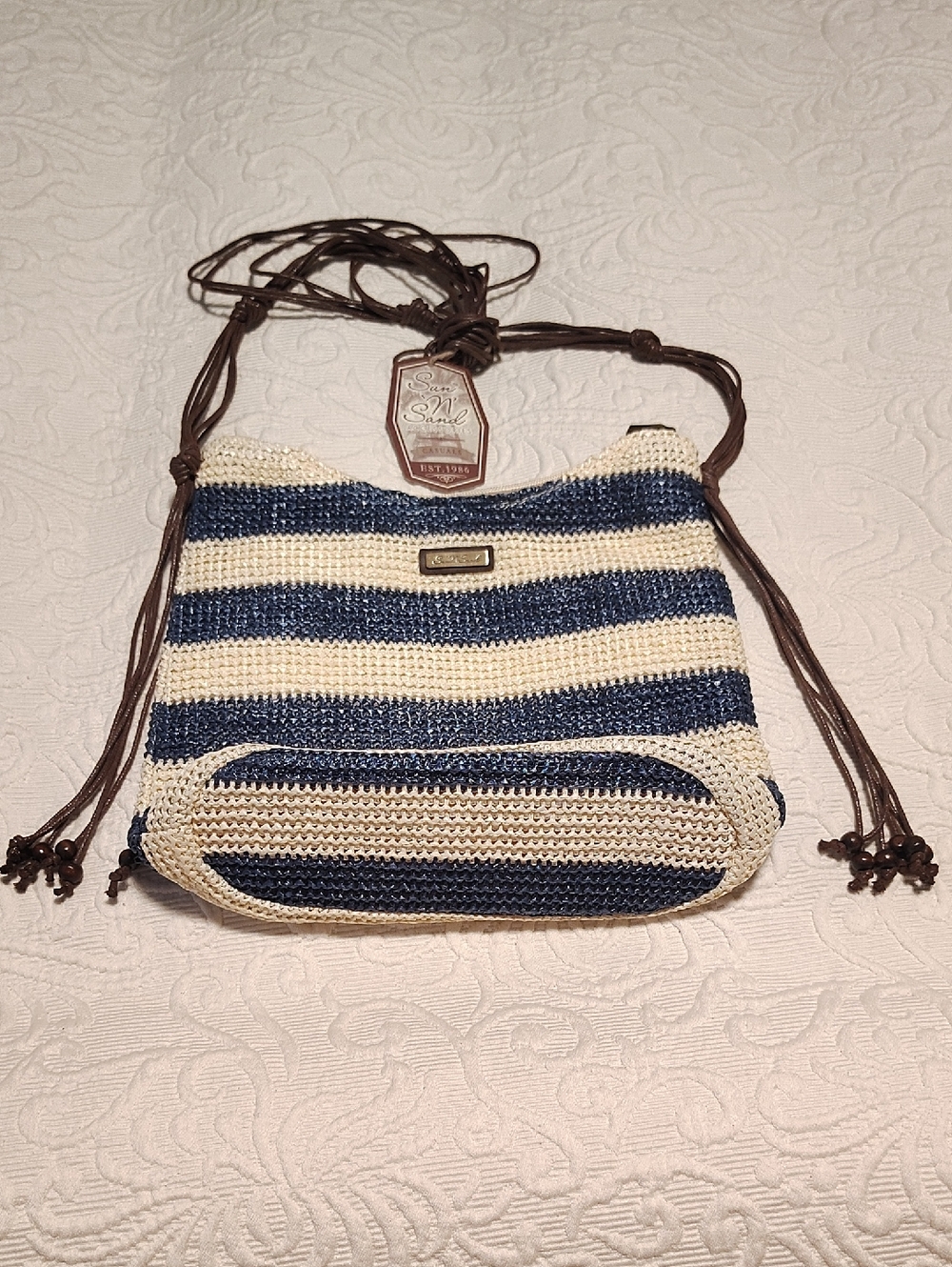 Striped Woven Crossbody Bag - Navy & Cream